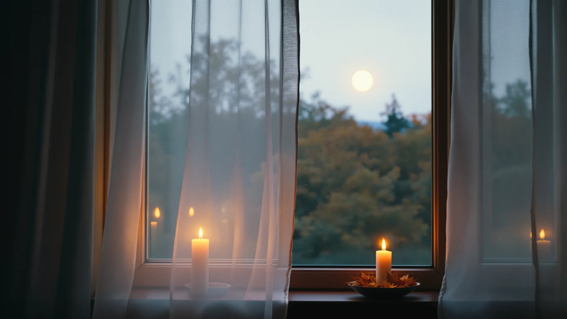 Sheer curtains at a dusk window, two candles and a bowl of maple leaves on the sill, a full moon rising over autumn trees — Evening With Spirit, Maple Ridge BC