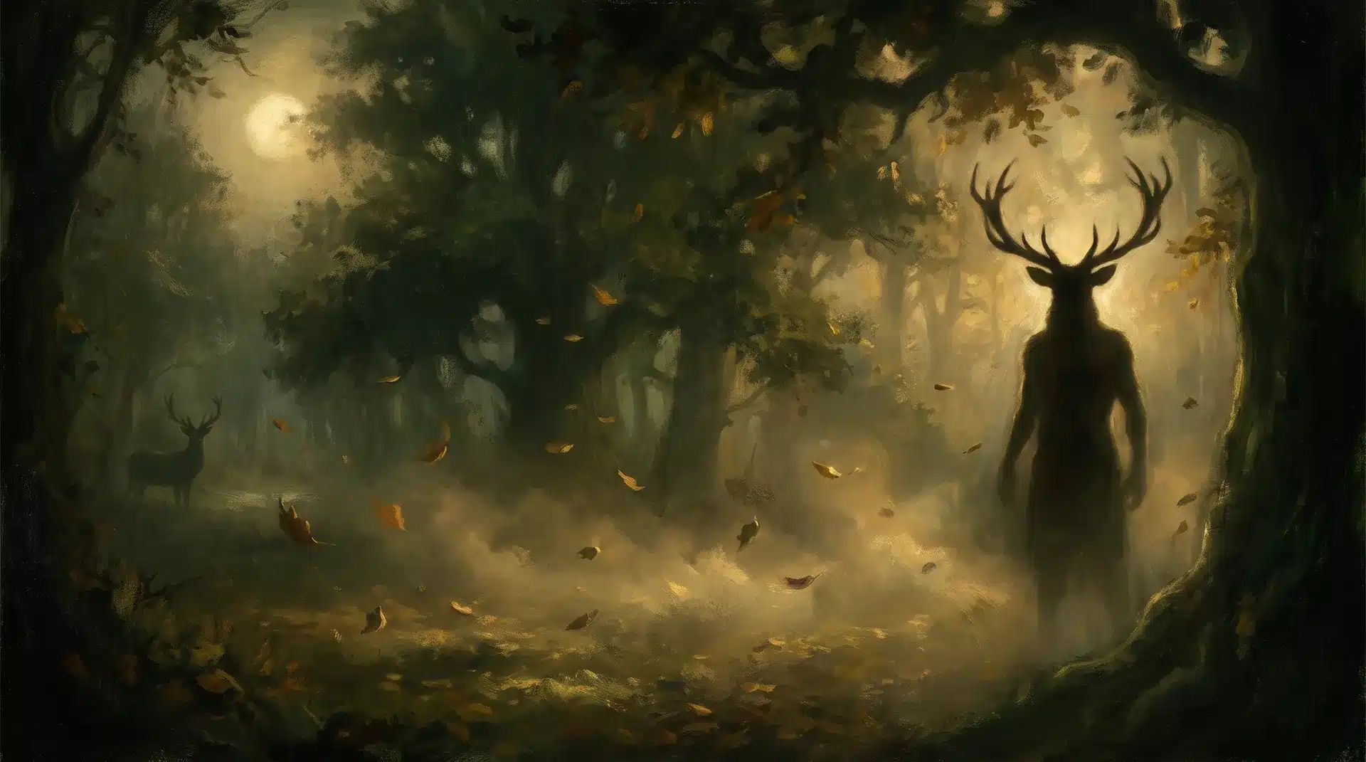 Antlered guardian silhouette in a misty moonlit forest — Fall Equinox gathering, Maple Ridge BC